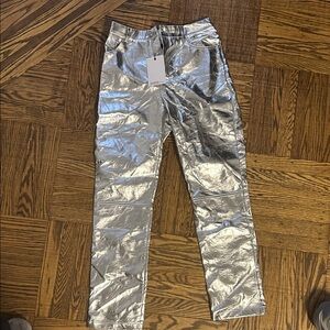 NWT Elsa Hosk X Fourth and Reckless Shiny Silver Metallic Pants UK 10 US M